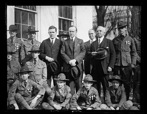 The fifteenth anniversary of the founding of th[...] Scout organization in America will be observed throughout the country on February, 15th. A picked troop of scouts wi[...] and national officers called on President Coolidge, who [...] Honorary President of the Boy Scouts, today at the White House.