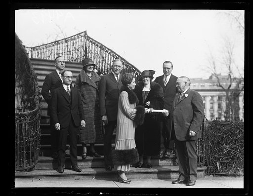 Grace Coolidge and group on steps. White House, Washington, D.C.