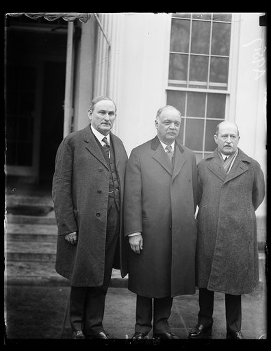 Senate leaders call at the White House to receive the nomination of John G. Sargent of Plymouth as the next Atty. Gen. following the rejection of Charles B. Warren by the Senate for the second time. Left to rt: Sen. Joseph P. Robinson, Ark., Sen. Charles Curtis, Kan., and David Barry, Sargent-at-Arm