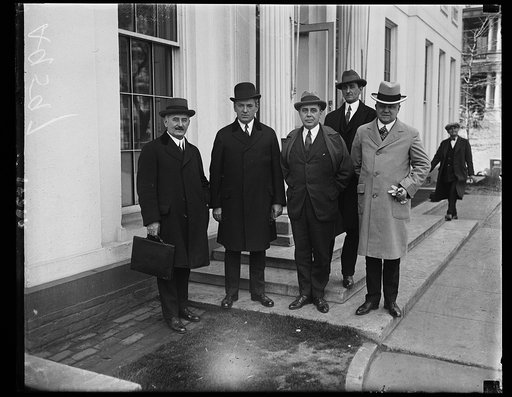 A delegation from Boston, headed by Mayor James F. Curley, called on Pres. Coolidge, April 6, urging him to establish a hospital for veterans at Fort Strong, just outside of Boston. (left to right): Dr. David J. Johnson, Mayor Curley, E. Mark Sullivan, Frank B. Howard and Standish Willcox [White Hou