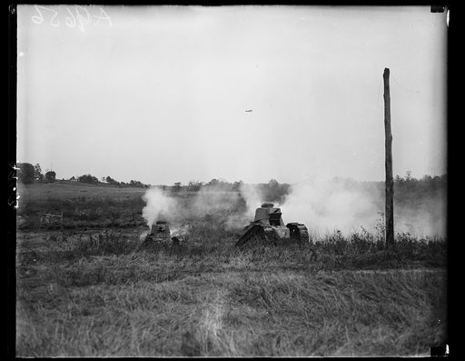 Scene showing tanks in action during the mimic battle staged at Camp Franklin, Md., May 12, by the U.S. Tank Corps for the graduating class of the Army War College. Real ammunition was used by all the attacking forces