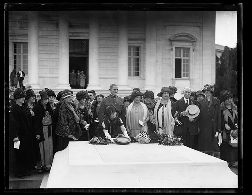 General John J. Pershing joined with members of the Service Star Legion in paying homage to the World War dead at Arlington National Cemetery before the Tomb of the Unknown Soldier on Tuesday afternoon, May 26th. Mrs. Henry F. Baker of Hyde, Md., placed a bronze insignia of the Order in the Trophy R