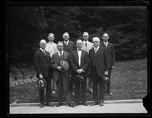 A committee representing the International Sunday School Association called on President Coolidge, May 18, to invite him to attend the convention at Birmingham, Alabama, April 19 of this year. (Front row, left to right) Esskine Ramsey, Governor W.W. BranBrandon of Alabama, Guy E. Snaveley and Bishop