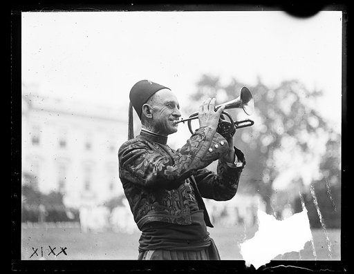 Shriner with trumpet; White House in background. Washington, D.C.