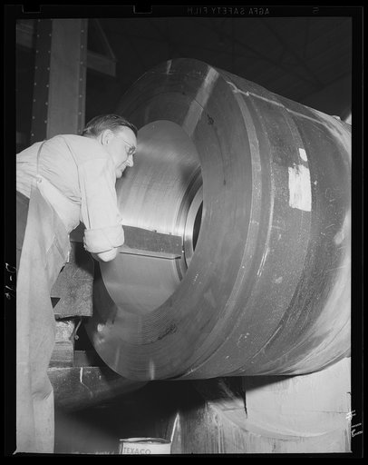 Oversized shootin' iron. Machining a breech block seat for a mighty gun being rushed for completion in an eastern arsenal