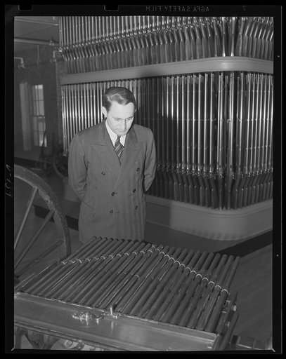 The granddaddy of the machine gun. The multi-barreled Billinghurst-Requa Battery gun of 1862. The modern descendents of the battery gun, the latest type of machine gun, are now being produced in large quantities at the armory in the war program
