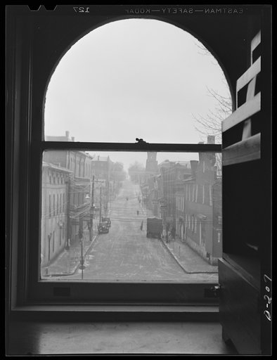 Shenandoah Valley. One of the main streets at Harrisonburg, Virginia, framed through the windows of the courthouse