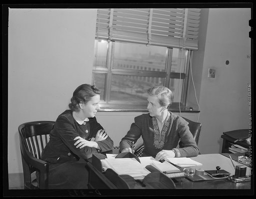 Left: Helen Barnard, research assistant, Consumer Division, Office of Price Administration (OPA).  Right: Caroline F. Ware, head of Program Materials Unit of the Consumer Relation Section of the Consumer Division, OPA