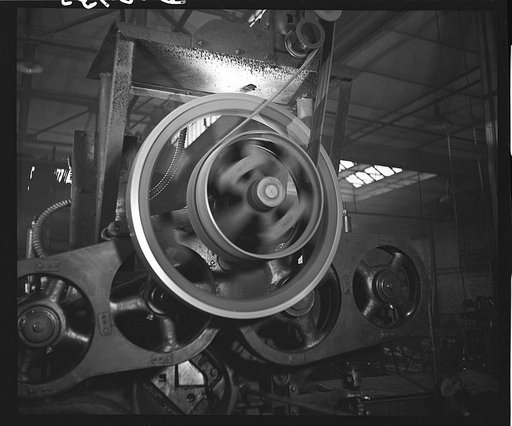 Wheels and belts for turning metal strip cutter. Gichner Iron Works, Washington, D.C.