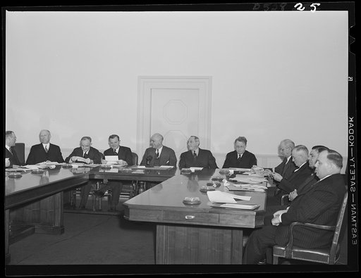 Left to right: Walter C. Teagle, former President, Standard Oil Company of New Jersey; Charles v. McLaughlin, Undersecretary of Labor; Frank P. Graham, University of North Carolina President; Sidney Hillman, Associate Director General representing the Office of Production Management (OPM); Clarence 
