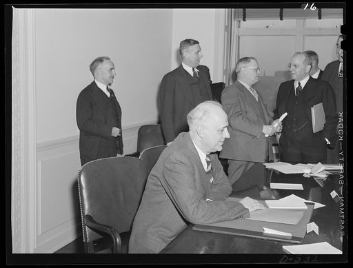 Left to right, standing: Frank P. Graham, University of North Carolina President; John R. Steelman, Director of Conciliation, U.S. Conciliation Service; Ernest P. Marsh, executive secretary of new Mediation Board, Eugene Meyer, publisher of The Washington Post. Seated Clarence Dykstra, Chairman