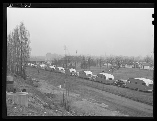 Village on wheels. A caravan of 50 trailers, on its way to provide temporary housing for defense workers in Wilmington, North Carolina, stops for the night at the Hain's Post Trailer Camp, Washington, D.C.