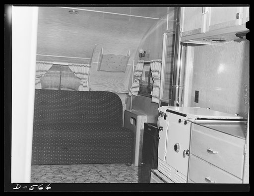 Space planning. In modern trailers, interiors are planned to provide the maximum in both comfort and efficiency. Shown here is interior of trailer which is part of a group being sent to provide emergency defense housing in Wilmington, North Carolina, while more permanent quarters are being construct
