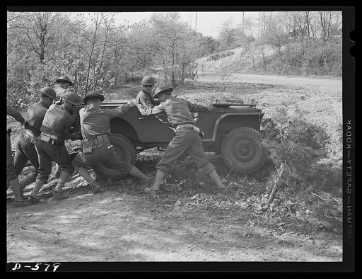 Demonstration the ease of manhandling the Army's new 1/4-ton "Bantam" truck on rough terrain, Fort Myer, Virginia. For more complete data, see caption for pix D-575