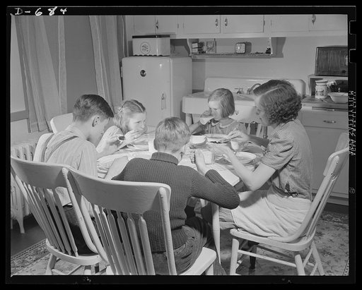 The Herbster family gets well-balanced meals. Mrs. Herbster plans to give the children milk; leafy, green or yellow vegetables; raw fruits or vegetables rich in Vitamin C; cereals and bread, lean meat, poultry, fish and other vital foods which build and repair the body, give energy for work and play