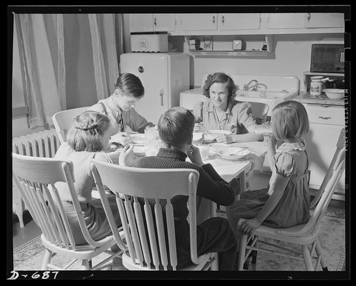 The Herbster family gets well-balanced meals. Mrs. Herbster plans to give the children milk; leafy, green or yellow vegetables; raw fruits or vegetables rich in Vitamin C; cereals and bread, lean meat, poultry, fish and other vital foods which build and repair the body, give energy for work and play