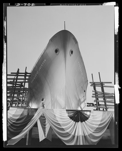 Newport News, Virginia. The "President Jackson" on the eve of its launching. When a ship such as this one is launched, it is about sixty percent completed. After the launching the ship goes to the fitting slips where the interior fittings, deck fittings, engines, etc. are installed