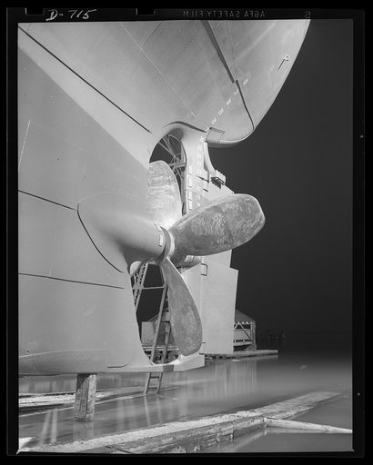 Newport News, Virginia. The four-blade cast propeller, propeller hub and rudder of a C-3