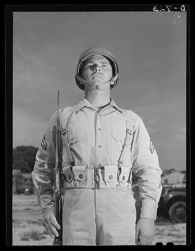 New Army helmet. Corporal French L. Vineyard, Company M, 12th Infantry, wearing a new Army helmet. Corporal Vineyard is wearing the combat pack and cartridge belt and is equipped with a Garand rifle with bayonet affixed