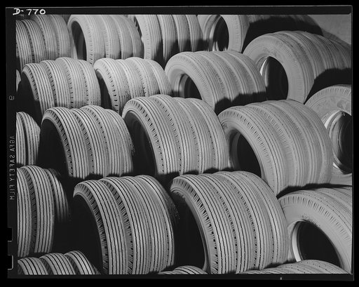 A few of the 10,000 tires produced each day at the Ford plant for cars, trucks, and tractors. Ford River Rouge plant