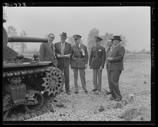 Left to right: Sir Clive Baillien of the British Purchasing Commission; A.R. Glancy of the Ordnance Section, Office of Production Management (OPM); Brigadier General B.O. Lewis; Brigadier General G.M. Barnes; Rear Admiral H.A. Sheridan of the British Royal Navy; inspecting the new M-3 "Medium" tank 