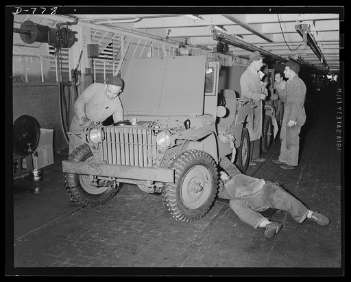 Blitz buggies. The body is securely fastened to the chassis, and the headlights adjusted. Ford River Rouge plant