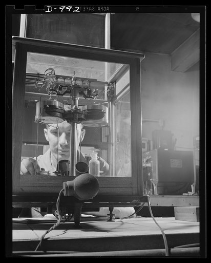 Steel alloy manufacture. Allegheny Ludlum Steel Corporation, Brackenridge, Pennsylvania. Quality in the manufacture of steel requires constant control and research. This chemist is weighing the elements of a steel alloy to determine its exact composition. Analysis is determined to 1/1000 of 1 percen