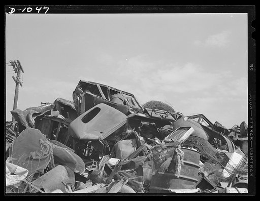 Conservation. Scrap iron and steel. Waste materials from heaps such as these are a rich source of scrap materials for conversion into vitally needed defense material. Efforts are now being made to collect all such materials to alleviate threatened shortages (U.S. Route 1, Baltimore-Washington Highwa