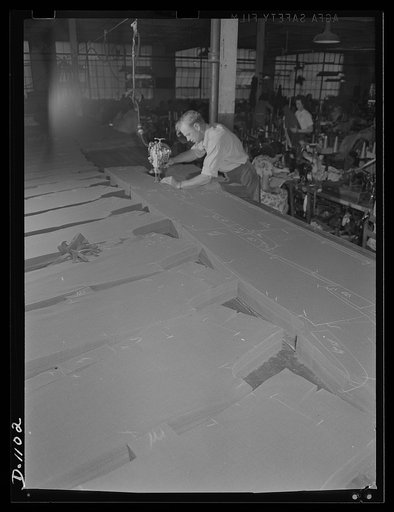 Army uniform trouser manufacture. Kane Manufacturing Company, Louisville, Kentucky. 1300 trousers a day ranging in size from a small size of 28-inch waist and 29-inch leg to a large size of 46-inch waist and 33-inch leg. These trousers are made to rigid specifications, furnished by the Army Quarterm