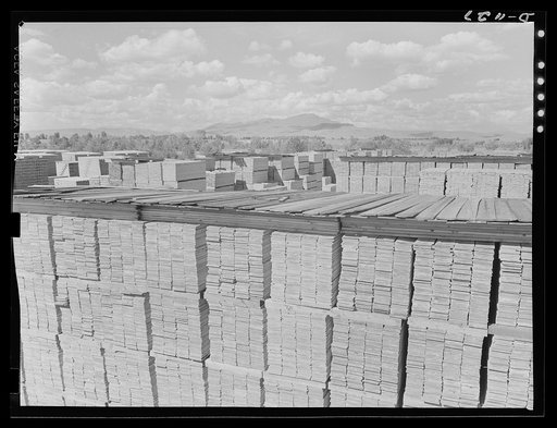 Lumber manufacture. Building stockpiles for national defense. Ponderosa pine boards being stacked at the Emmet, Idaho sawmills of the Boise Payette Lumber Company. Efforts are being made (June 1941) to create a stockpile of lumber to insure a steady monthly output of ammunition cases. Lumber is also