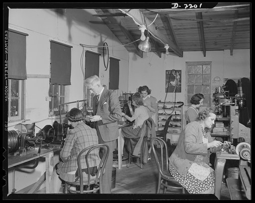 Dante Electric Company, Bantam, Connecticut. One of the many small shops throughout the nation making articles of the War Production Program. Here in the women's department of the Dante Electric Company, three workers of the Dante family help in the production of electrical parts for submarines. Mr.