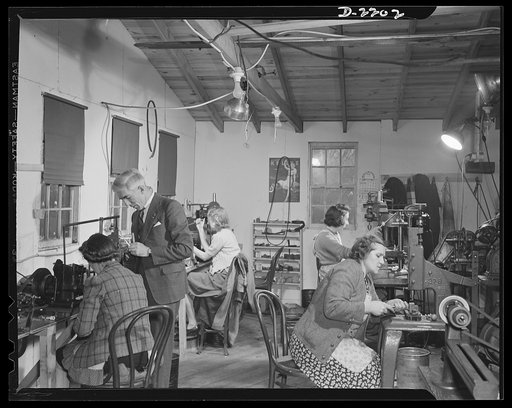 Dante Electric Company, Bantam, Connecticut. One of the many small shops throughout the nation making articles of the War Production Program. Here in the women's department of the Dante Electric Company, three workers of the Dante family help in the production of electrical parts for submarines. Mr.