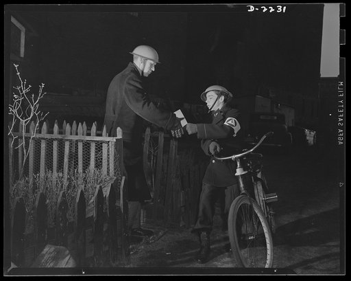 The air raid protective services. Rapid delivery of vital messages is one of the jobs for younger people in the civilian defense organization. Young people of both sexes have freely volunteered for this essential work. In the event of any disruption of the telephone service, their work becomes even 