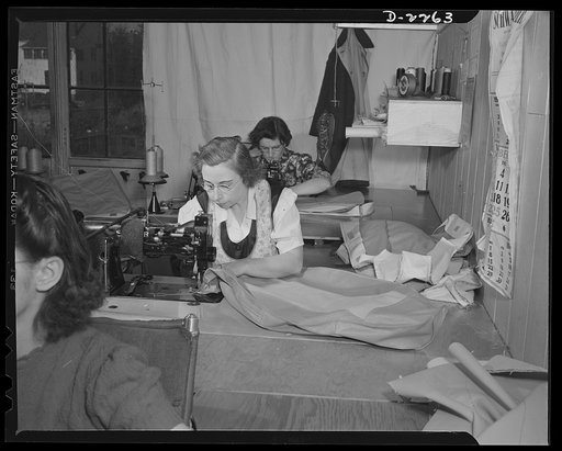 Bantam, Connecticut. Irene Stewart learned upholstery in Buffalo, New York, under her husband, who supervised an upholstery shop there. He is now working at the Warren McArthur plant just a few yards away from his wife. Both came to the plant in June of 1941. Stewart is a native of London, England, 