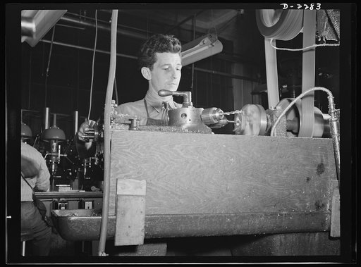 Bantam, Connecticut. Fred Heath has been operating at a turret lathe at the Warren McArthur plant since August 1941, leaving a job as machinist in Torrington to work here. With his wife and their three-year-old daughter, Heath was among the first to move into the new government housing project near 