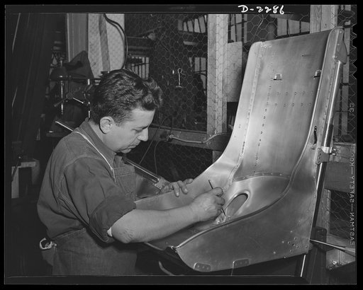Bantam, Connecticut. Assembling bomber seats at the Warren McArthur plant is Ralph DePino who commutes from Naugatuck, a heavy industrial town just below Waterbury. Depino came to America fourty-three years ago from his native Italy at the age of six months, and has been at the Bantam plant since Ju