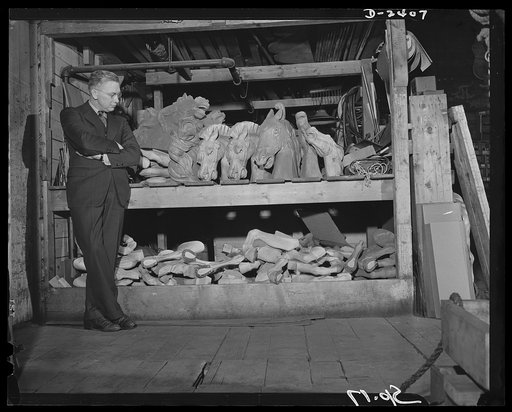 Conversion. Merry-go-round plant. In storage for the duration is this stock of figures for merry-go-rounds. The New York state plant which formerly turned them out is now engaged in the production of bits and pieces for the war program. Spillman Engineering Company, North Tonawanda, New York