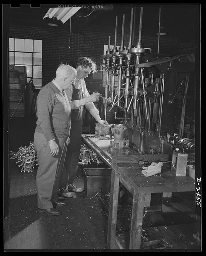 Conversion. Floor waxer plant. The owner of this small Eastern floor waxer plant (left) has planned for and almost completed conversion of his equipment to accomodate the defense production for which he has subcontracted. This five-spindle drill press, once used in manufacture of floor waxing machin