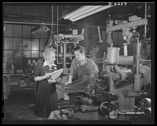 Conversion. Floor waxer plant. A modern Molly Pitcher of the machine, this secretary-treasurer of a small Eastern manufacturing company knows as much about drills and lathes as the oldest employee around the place. And it was in part through her foresight and initiative that this floor waxer plant w
