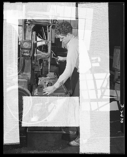 Conversion. Floor waxer plant. The owner of this small Eastern floor waxer plant has planned for and almost completed conversion of his equipment to accomodate the defense production for which he has subcontracted. This five-spindle drill press, once used in manufacture of floor waxing machines, has