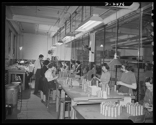 A part of the shop in a Midwestern company which has converted its machines and trained labor forces from the manufacture of motors and fans to the manufacture of twenty-millimeter shell booster parts