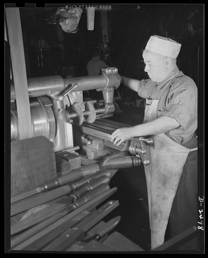 Conversion. Food machinery plant. John J. Morris used to cut steel disc covers with his universal milling machine. These disc covers were part of the cube steak machines which are the normal products of the New England plant where he is employed. Today, however, Morris uses the same machine, tooled 