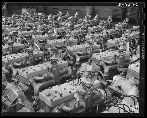 Conversion. Automobile industry. The last automobile engines in a large Midwest factory to be completed prior to its conversion to tank production. These engines will be used to fill government orders for spare parts. The Plymouth Company, Chrysler Corporation, Detroit, Michigan