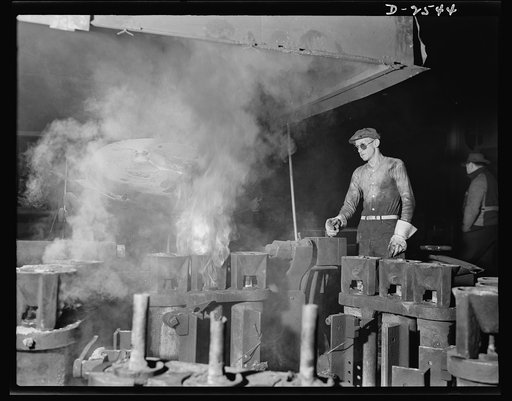Conversion. Copper and brass processing. In the brass and copper casting shop, the operator of an electric furnace is pouring the molten metal into molds to form shells, or rough tubes, which are later formed into finished tubes. Tubes are formed by casting molten metal into these molds in which a r