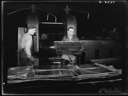 Conversion. Copper and brass processing. When "slabs" (brass or copper castings in the form of long flat cakes) are being passed rolls, the first step in making sheet metal. A series of passes back and forth through various rolls reduces the "slabs" to thickness desired. Chase Copper and Brass Compa