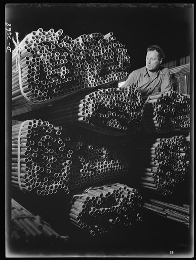 Conversion. Copper and brass processing. These bundles of finished seamless copper tubes are ready to be shipped. The Army, the Navy, and our vital industries use corrosion-resistant copper tube for pipelines that must not fail from the rust. Chase Copper and Brass Company, Euclid, Ohio