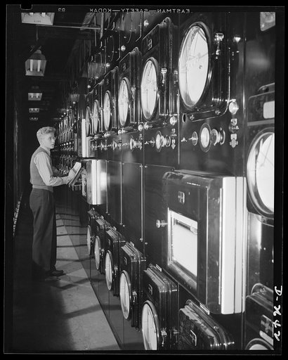 Synthetic rubber (Ameripol). These control instruments in the Akron, Ohio, synthetic rubber plant of the B.F. Goodrich Company, maintain the proper temperature and pressure in the polymerizer tanks where raw material monomers are changed into polymers