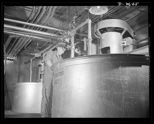 Synthetic rubber (Ameripol). The coagulator and extractor tank is used to bring the latex solution to rubber crumbs. Soap is removed by dilution in soft distilled water. Goodrich