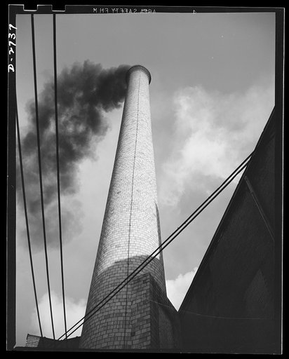 Fiberglass manufacture, Owens-Corning, Toledo, Ohio. Busy stacks give evidence of all-out war production effort at a plant of Owens-Corning Fiberglass Corporation