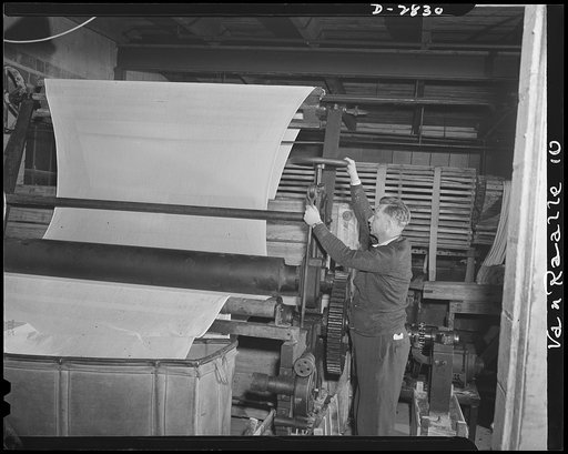 Conversion. Hosiery factory. Built to ordnance specifications, this dye padder is used to apply a chemical (permalon) finish on mosquito netting. The permalon stiffens the netting and prevents shrinkage in it. The machine has been installed in an Eastern hosiery mill which is at present forty-percen